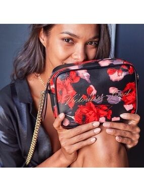 Victoria's Secret Black Floral Cosmetic Crossbody with Gold Chain